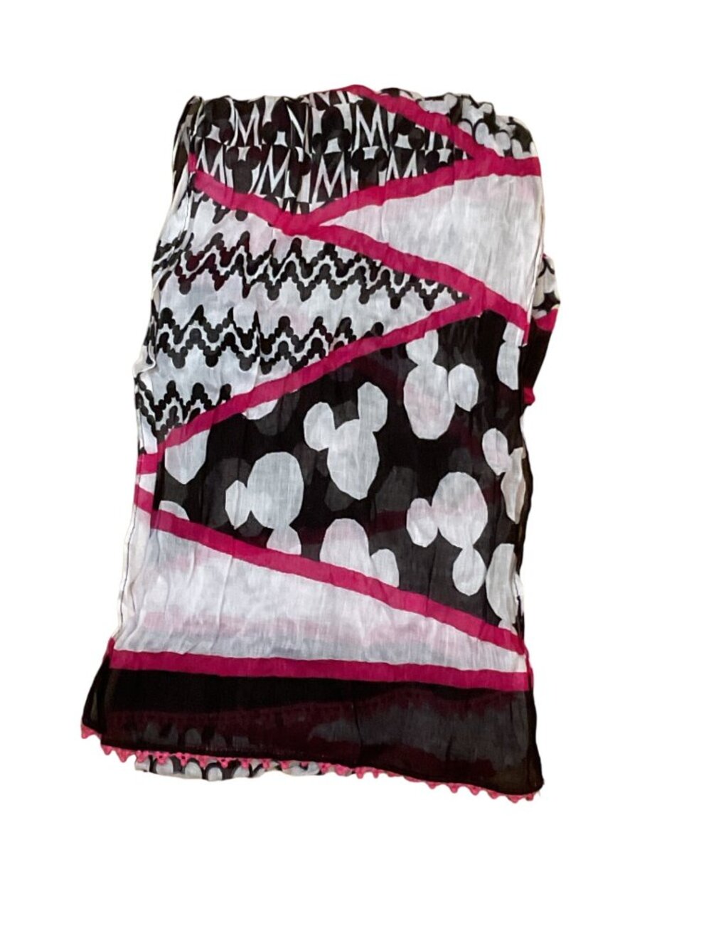 Disney Parks Mickey Mouse Pink Black Geometric Pom Pom Fringe Lightweight Scarf